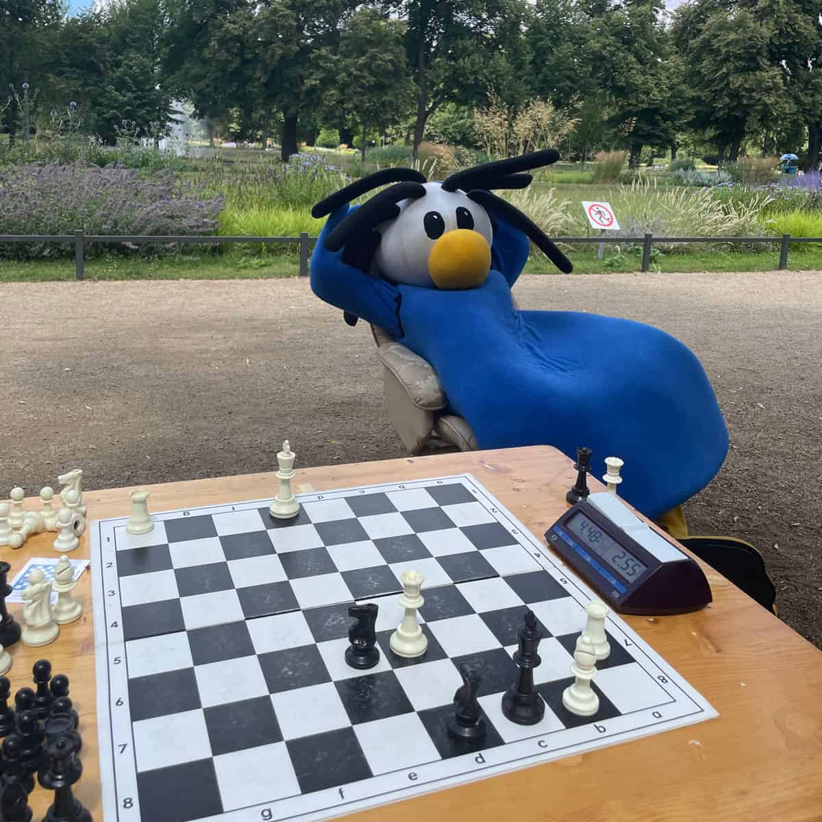Schachspiel mit Maskottchen Cheesy